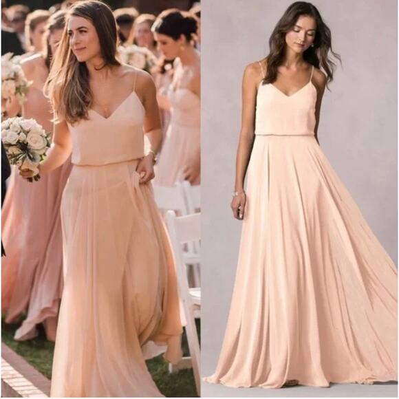 Jenny Yoo BHLDN Inesse Gown Chiffon Blouson Fit & Flare V Neck Desert Rose 0 - Picture 2 of 10